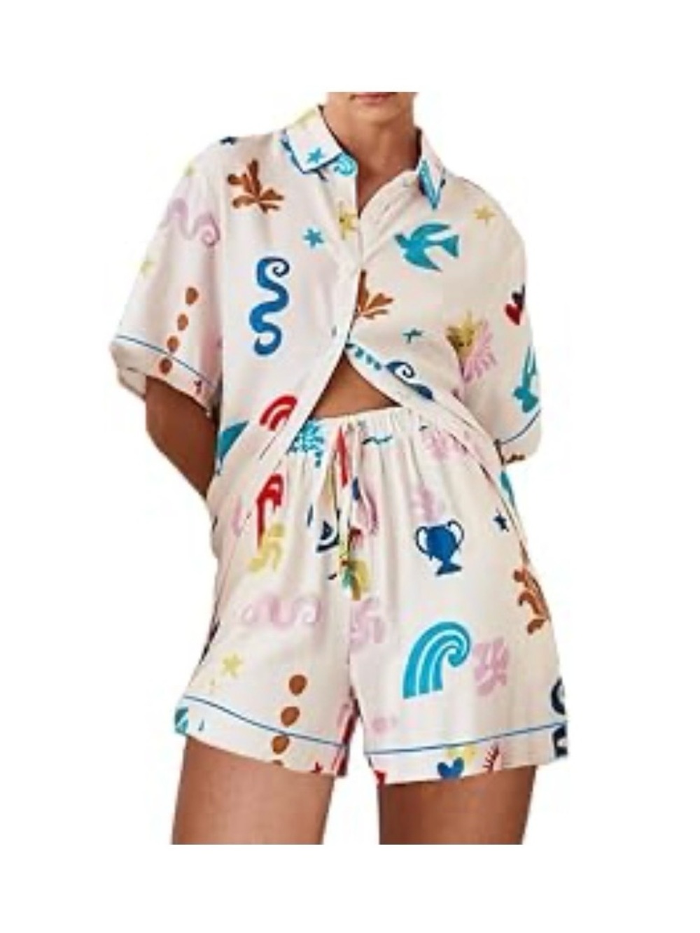 Playful Printed Short Set in Cream with Multicolor Motifs